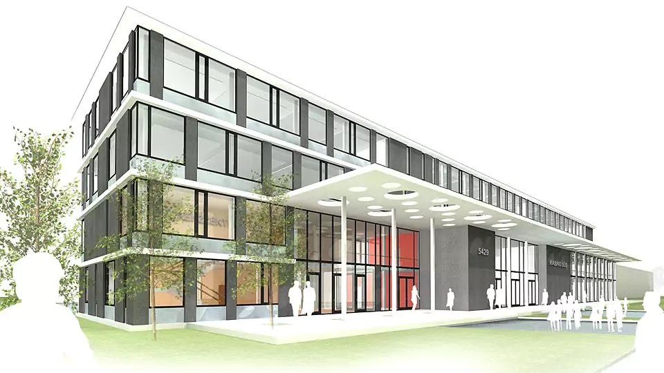 Render Bürofassade mit Eingangsvordach