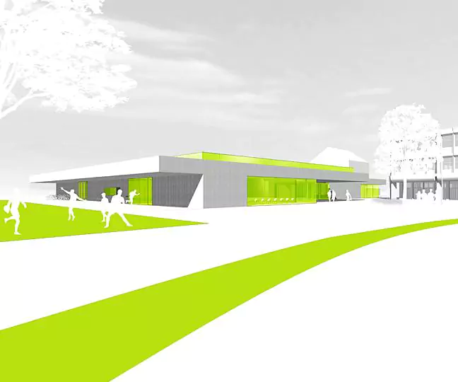 Render Außenansicht Flachdachgebädue mit Glas