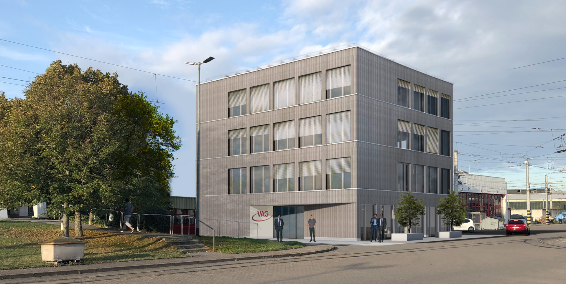 Render kubisches Holzgebäude von aussen