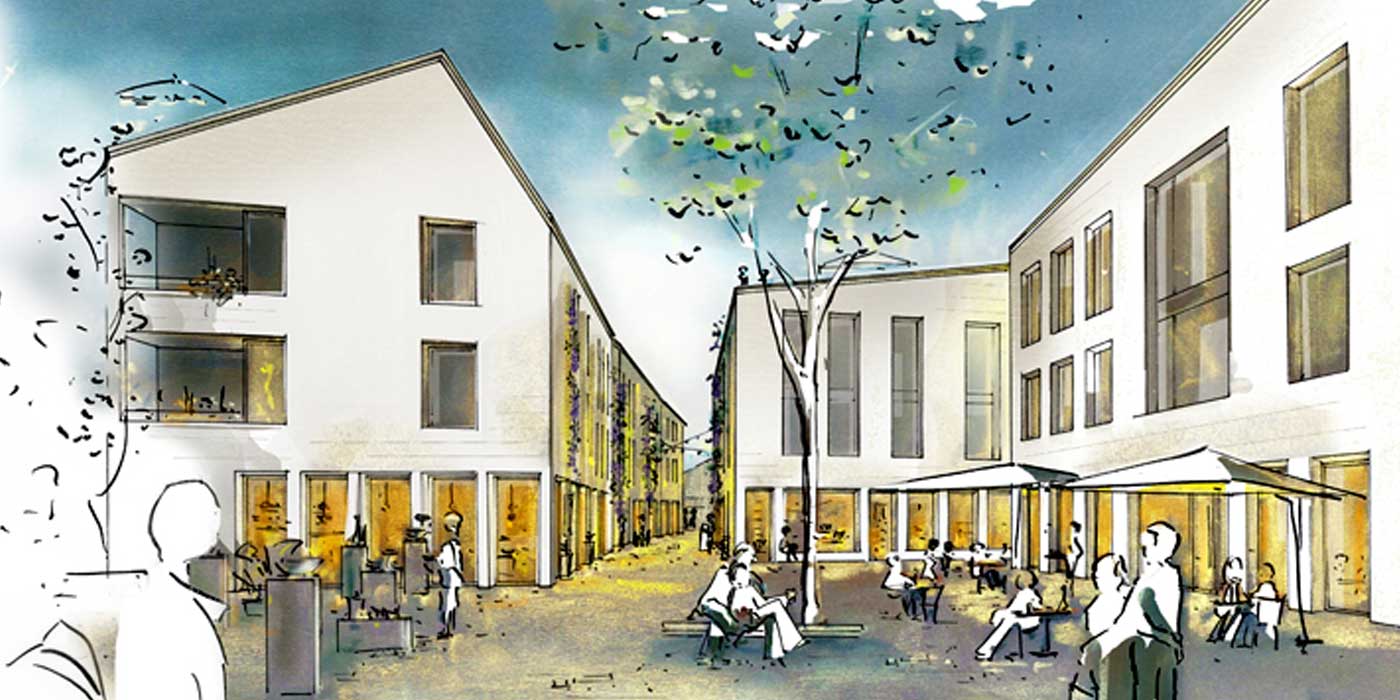 Sketch: Seitlicher Blick auf den Rathausplatz voller Menschen in der Abenddämmerung