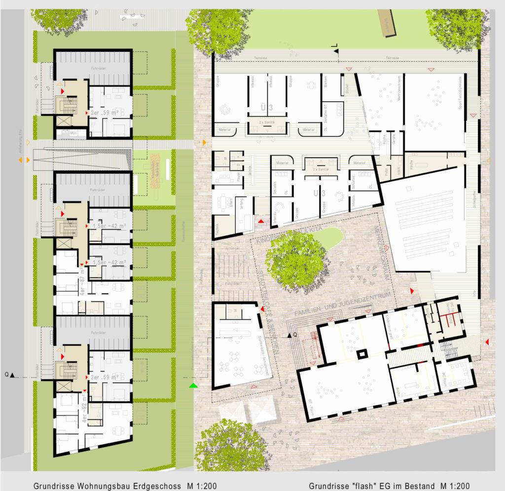 Plan: Draufsicht Grundriss Wohnungen und Familien- und Jugendzentrum