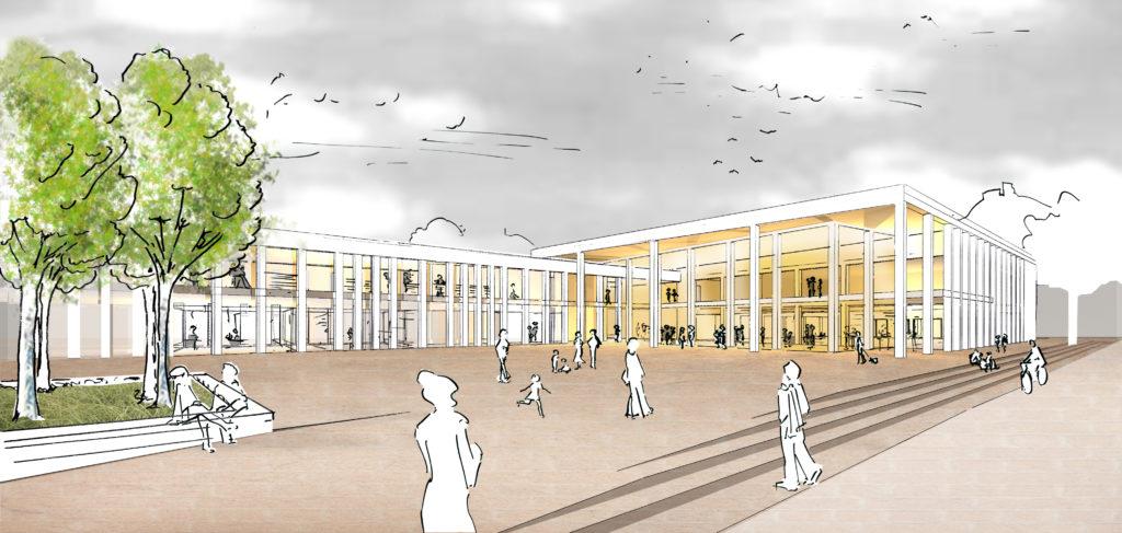 Sketch: Vorplatz mit Menschen vor einem Gebäude