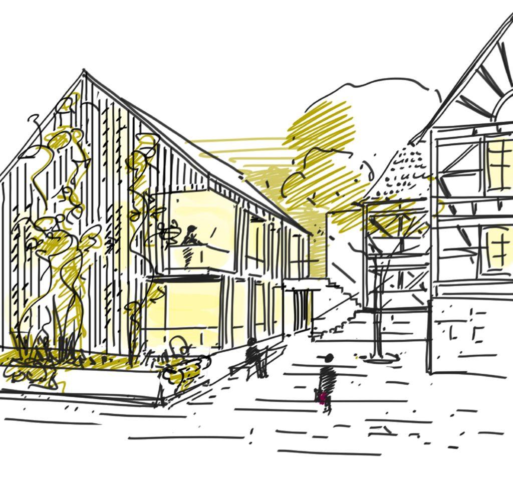 Sketch: Blick auf zwei Gebäude von der Strasse